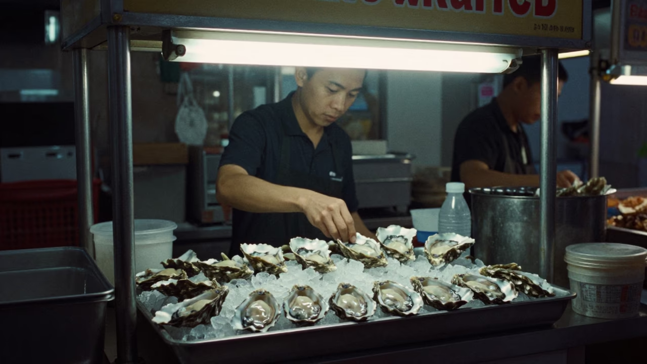 Food Stall in Singapore at The Predawn Darkness Light in in Singapore, Singapore