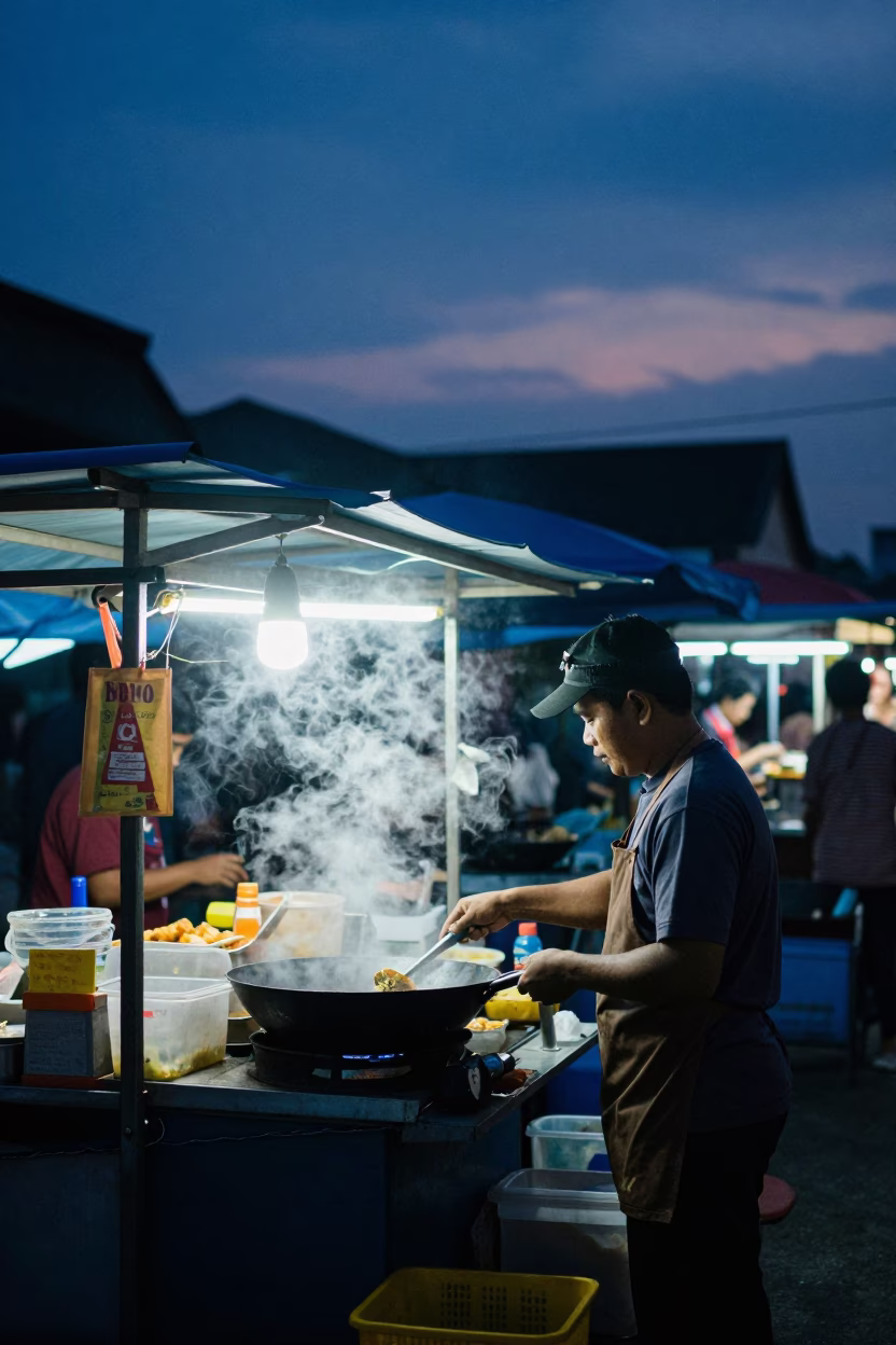Food Stall in Surabaya at Indigo Twilight After Sunset in in Surabaya, Indonesia