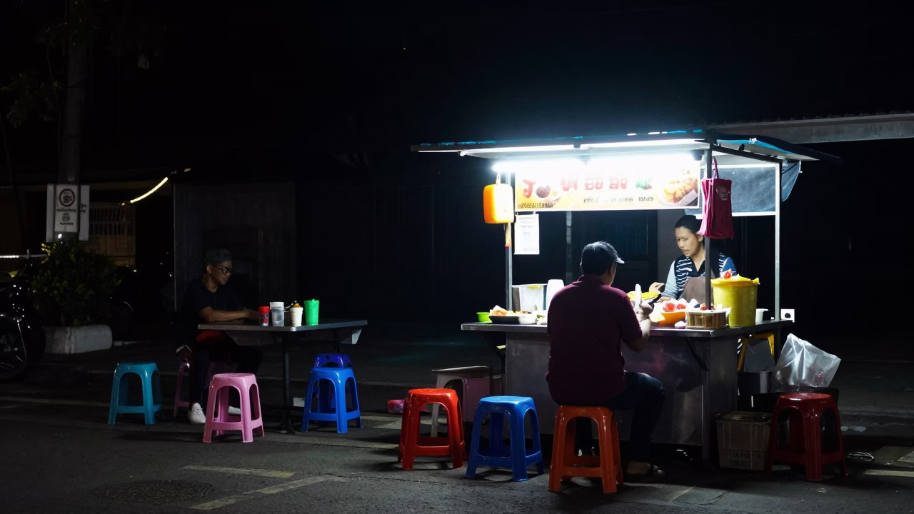 Food Stall in Surabaya at The Deepest Night Sky Light in in Surabaya, Indonesia