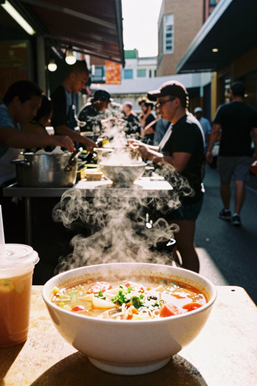 Food Stall in Sydney at The Flat Glare Of Noon Light in in Sydney, New South Wales, Australia