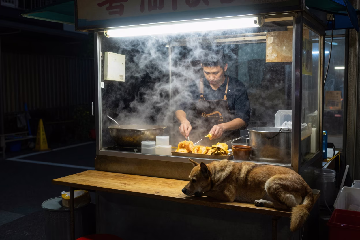Food Stall in Tainan at Midnight Light in in Tainan, Taiwan