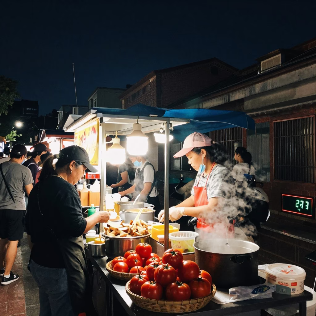 Food Stall in Tainan at The Deepest Night Sky Light in in Tainan, Taiwan