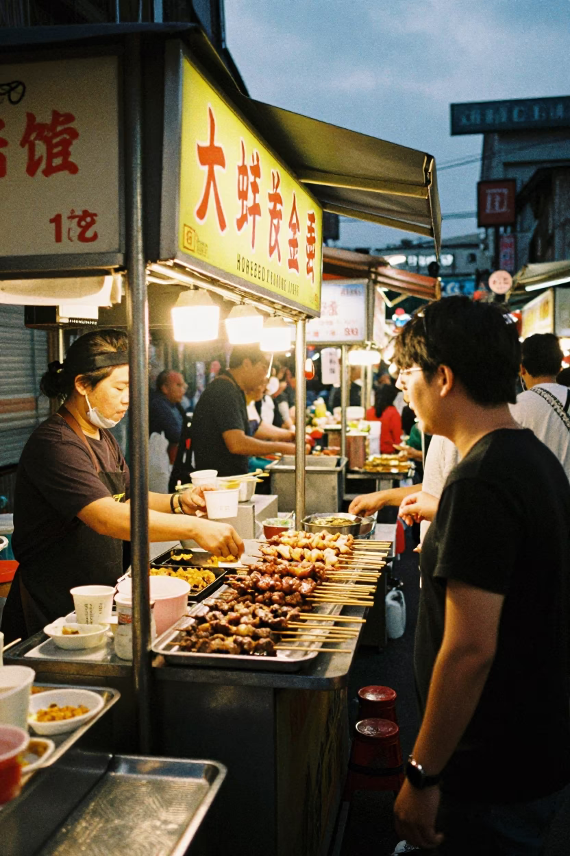Food Stall in Taipei at Honeyed Evening Light in in Taipei, Taiwan