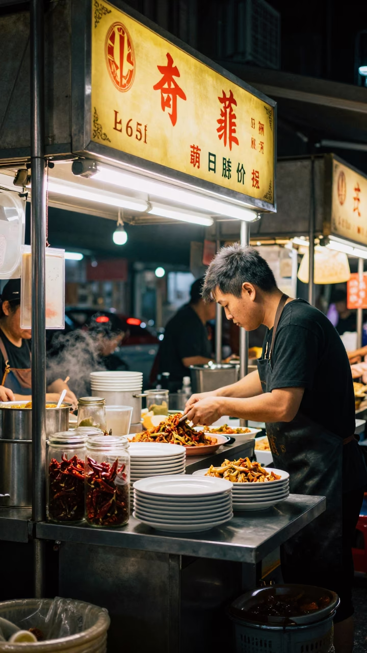 Food Stall in Taipei at Midnight Light in in Taipei, Taiwan