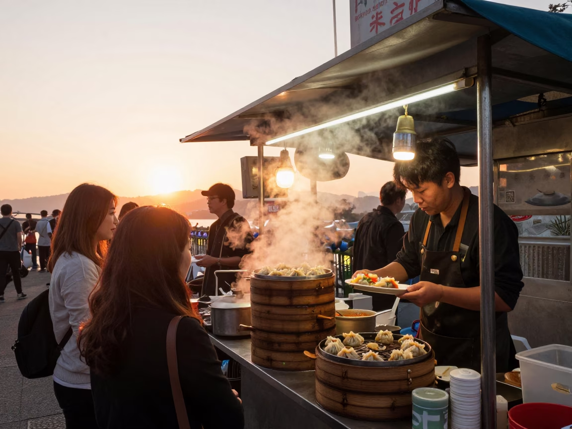 Food Stall in Taipei at Sunset Light in in Taipei, Taiwan