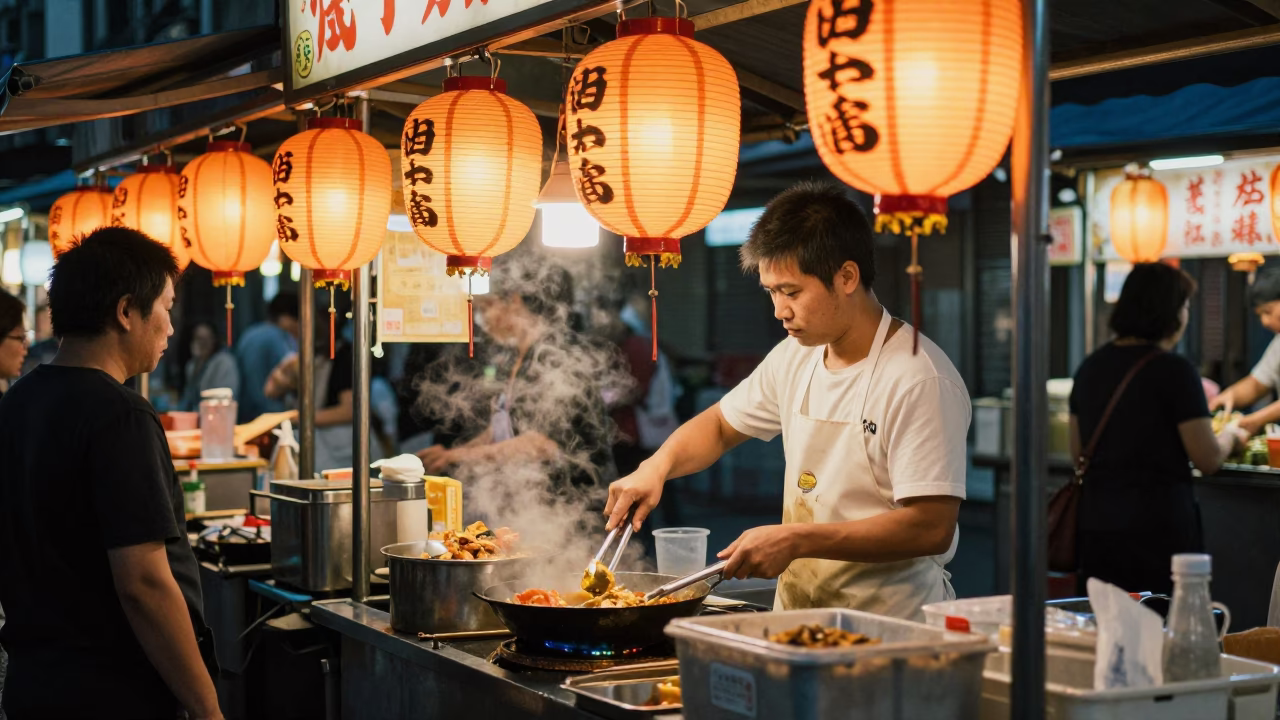 Food Stall in Taipei at The Early Evening Light in in Taipei, Taiwan