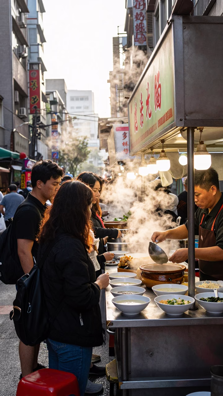 Food Stall in Taipei at The Early Morning Light in in Taipei, Taiwan