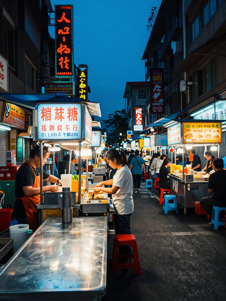 Food Stall in Taipei at The Last Blue Light Of Evening in in Taipei, Taiwan