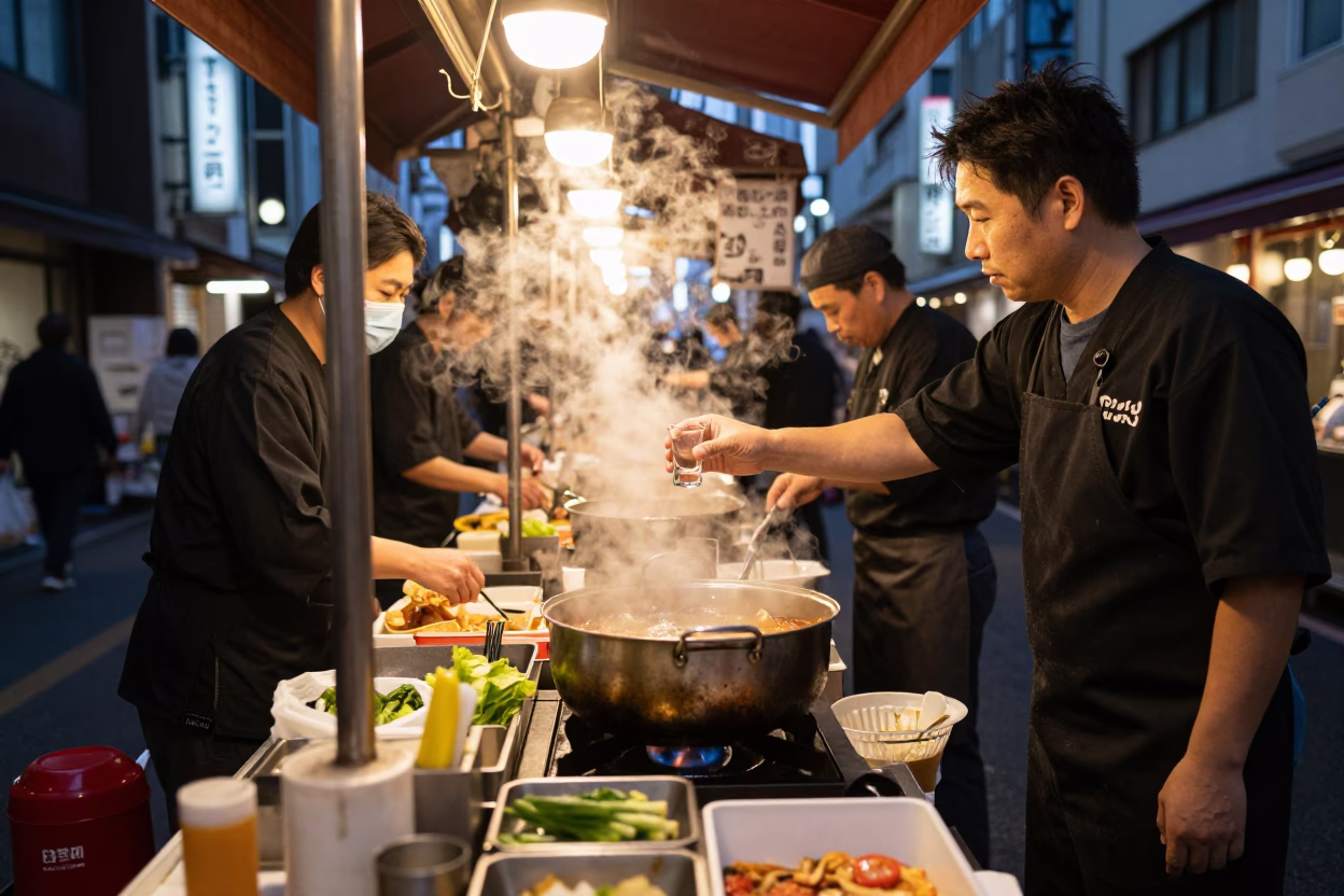 Food Stall in Tokyo at As City Lights Begin To Glow in in Tokyo, Japan