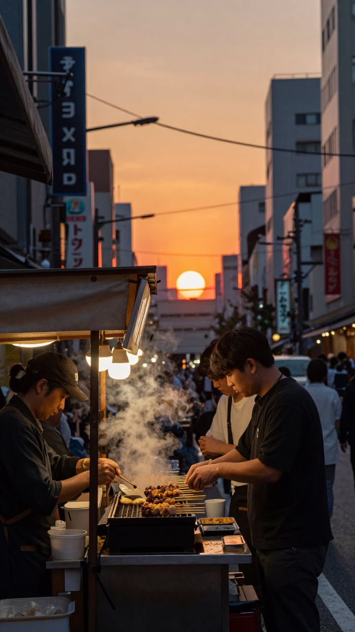 Food Stall in Tokyo at As The Sun Drops Toward The Horizon in in Tokyo, Japan