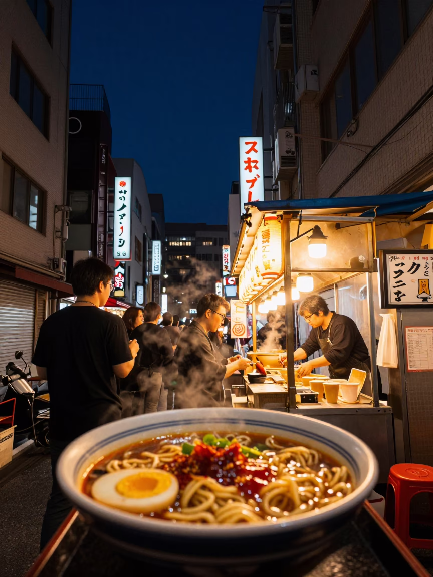 Food Stall in Tokyo at The Deepest Night Sky Light in in Tokyo, Japan
