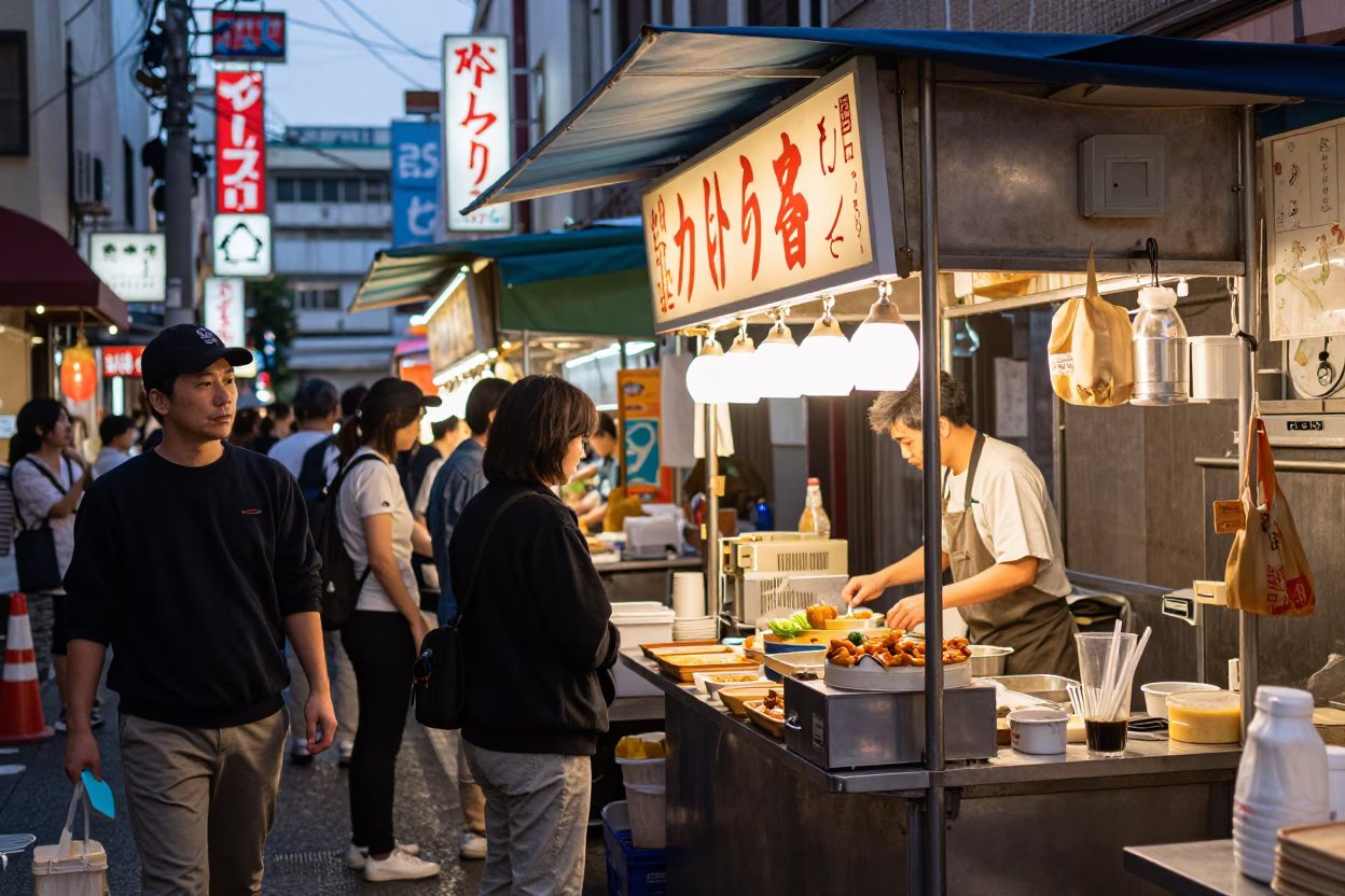 Food Stall in Tokyo at The Early Evening Light in in Tokyo, Japan