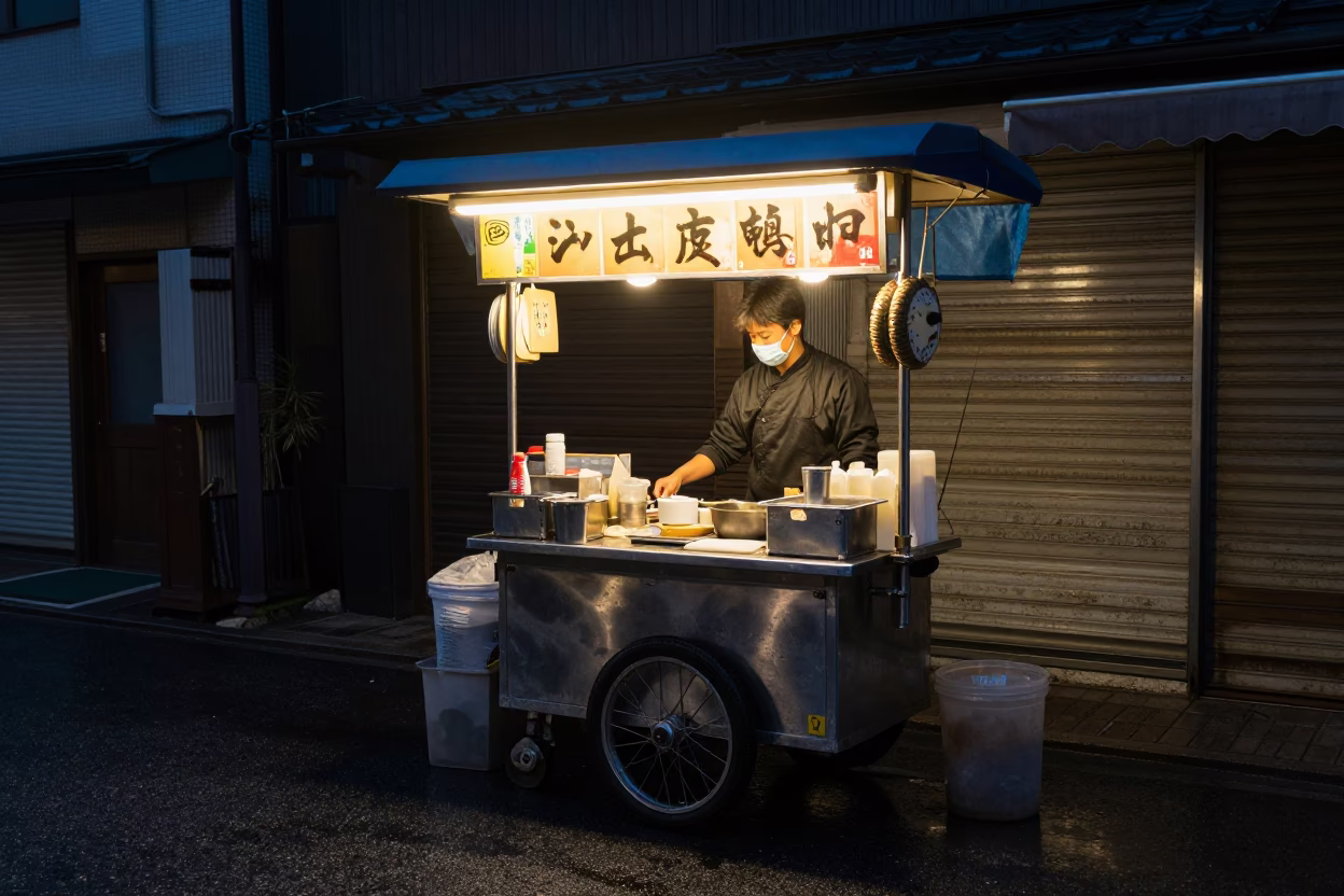 Food Stall in Tokyo at The Predawn Darkness Light in in Tokyo, Japan