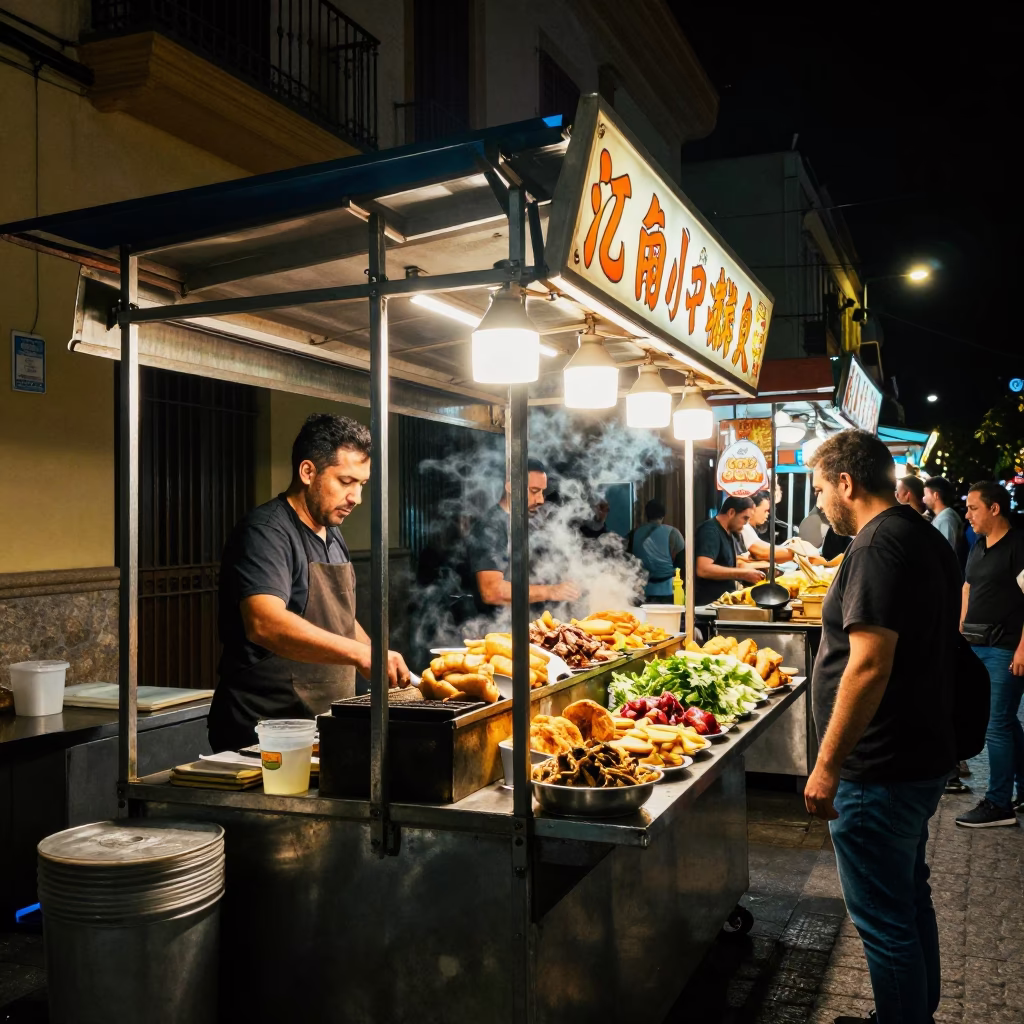 Food Stall in Valencia at Late At Night Light in in Valencia, Spain