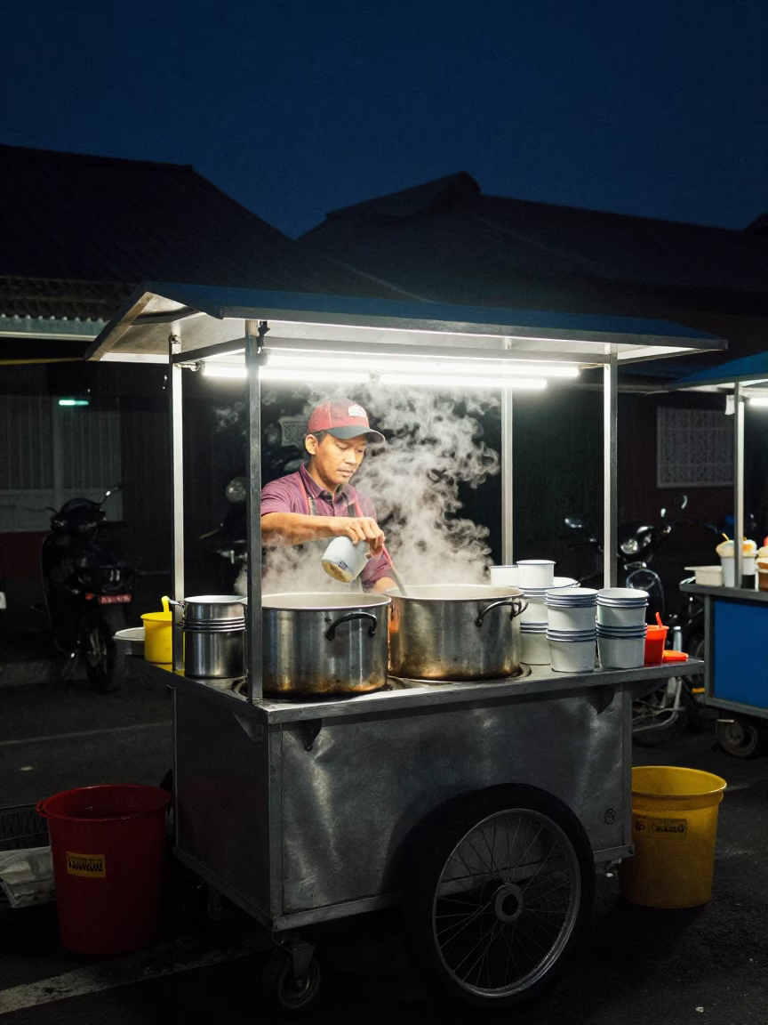 Food Stall in Yogyakarta at The Deepest Night Sky Light in in Yogyakarta, Indonesia