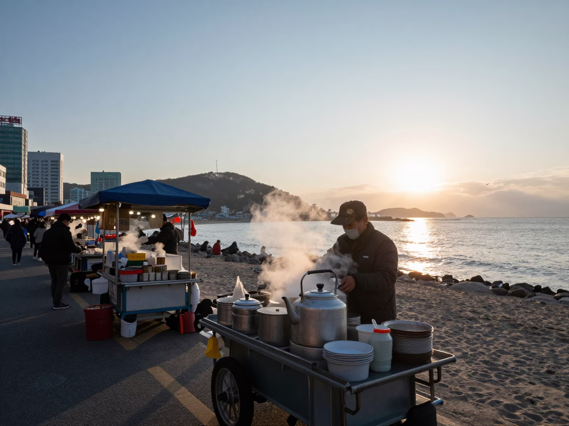 Food Stall just after sunrise in Busan in in Busan, South Korea