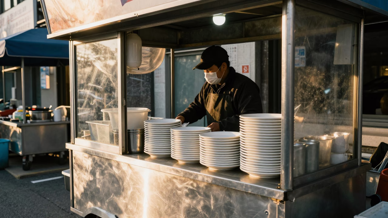 Food Stall just after sunrise in Seoul in in Seoul, South Korea
