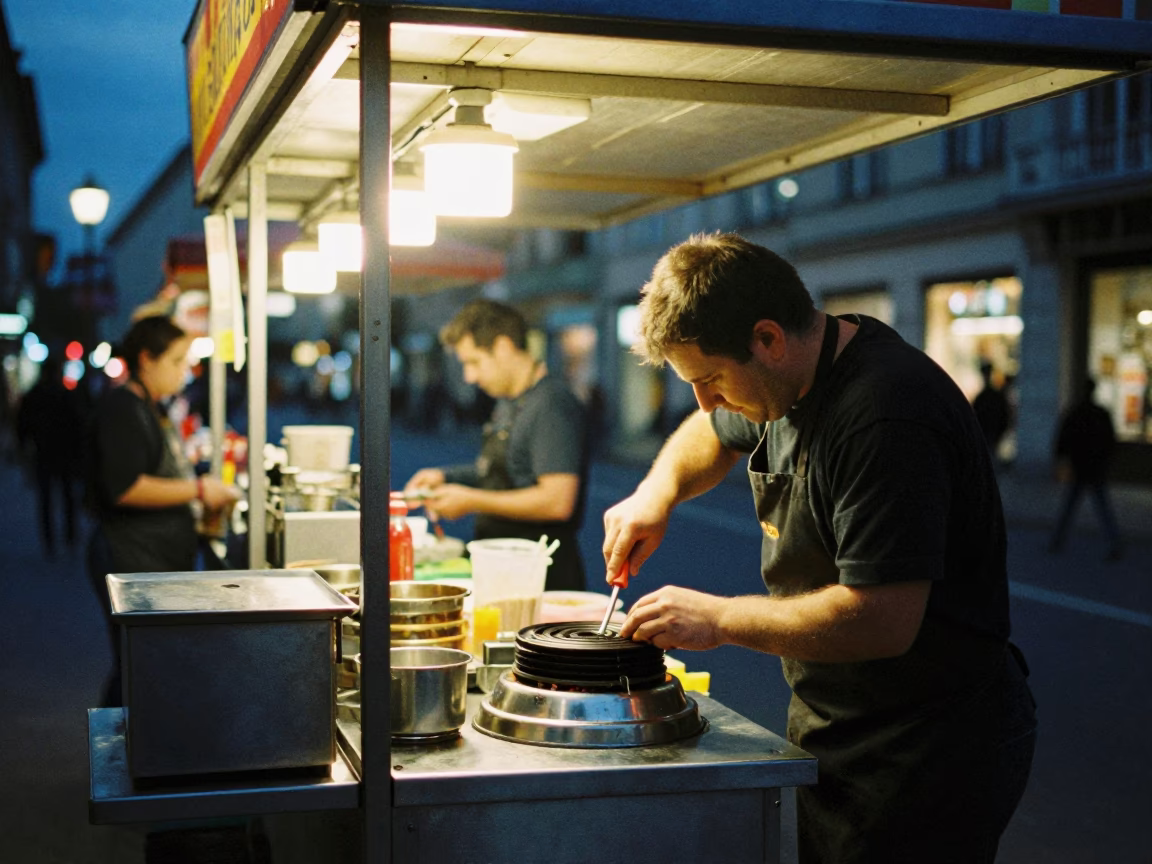 Food Stand after dark in Vienna in in Vienna, Austria