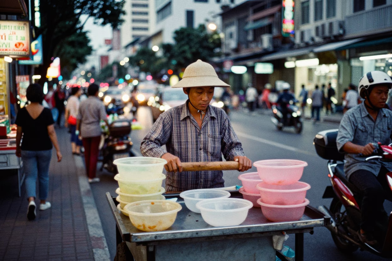 Food Vendor at As City Lights Begin To Glow in Ho Chi Minh City in in Ho Chi Minh City, Vietnam
