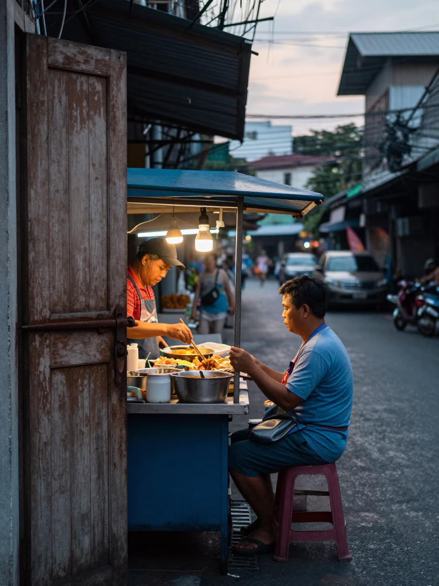 Food Vendor at Sunrise Light in Bangkok in in Bangkok, Thailand