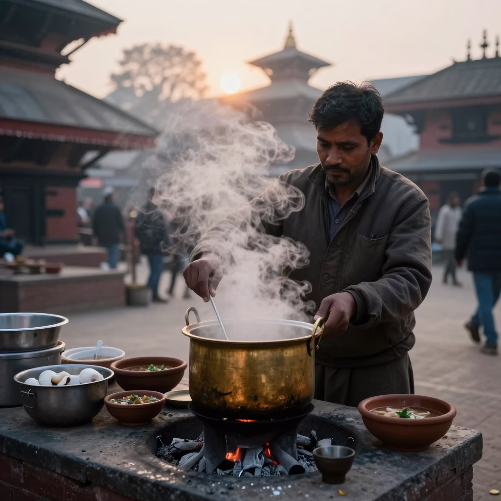 Food Vendor at Sunrise Light in Kathmandu in in Kathmandu, Nepal