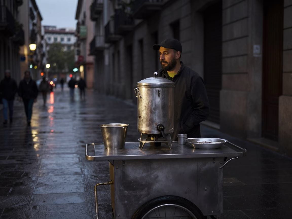 Food Vendor at The Predawn Darkness Light in Barcelona in in Barcelona, Spain