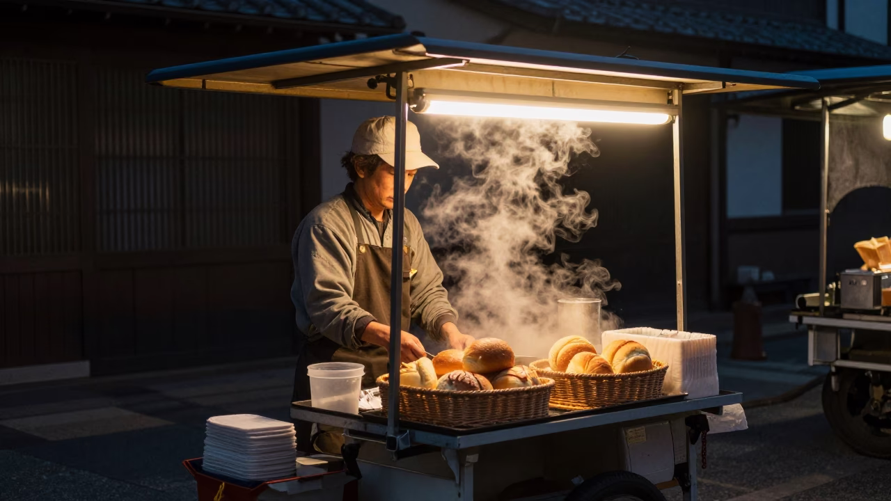 Food Vendor at The Predawn Darkness Light in Fukuoka in in Fukuoka, Japan