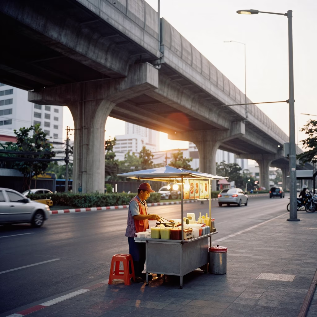 Food Vendor in Bangkok at As First Light Reaches The Scene in in Bangkok, Thailand