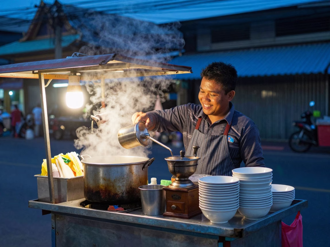 Food Vendor in Bangkok at Blue Hour in in Bangkok, Thailand