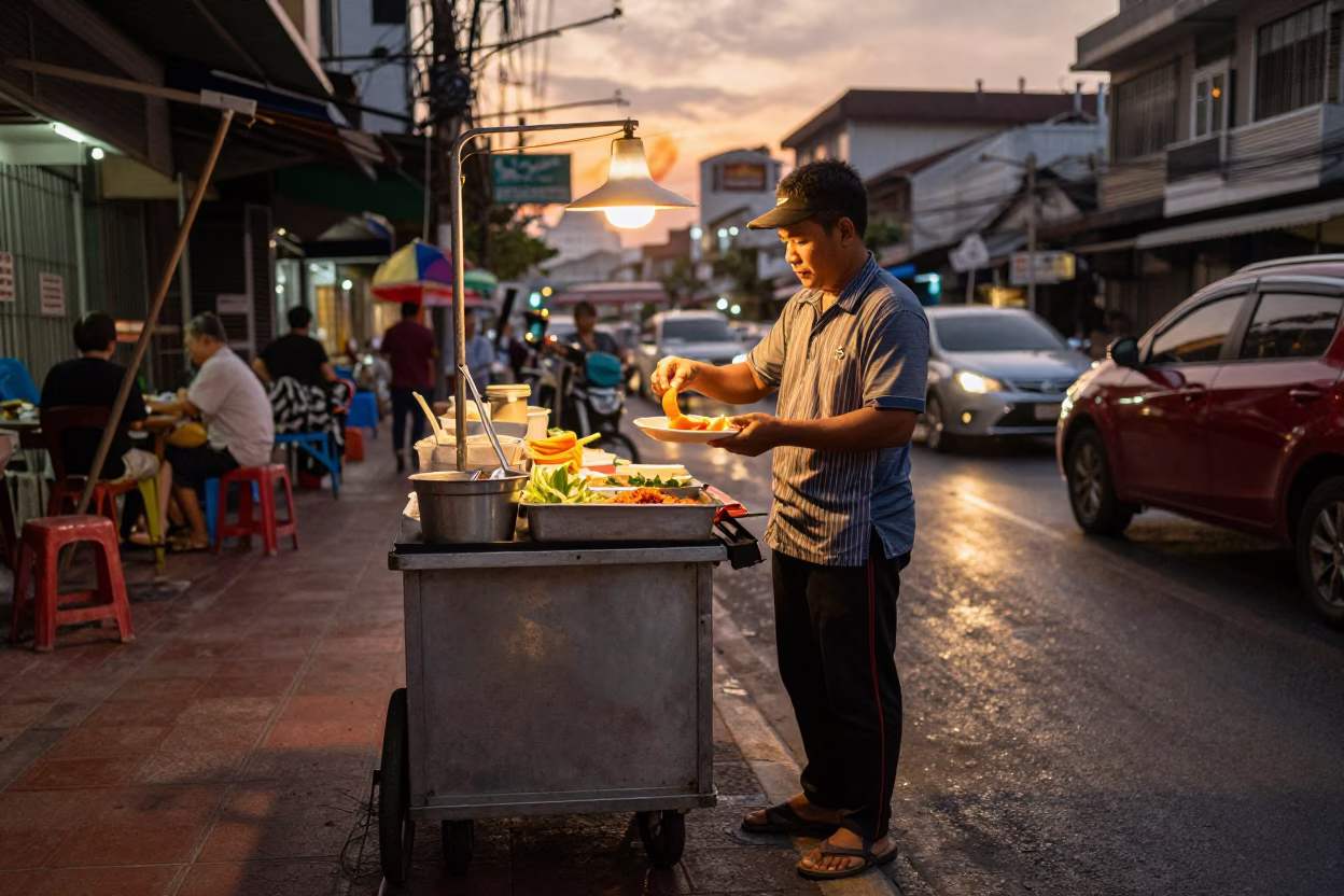 Food Vendor in Bangkok at Copper-toned Light Before Dusk in in Bangkok, Thailand