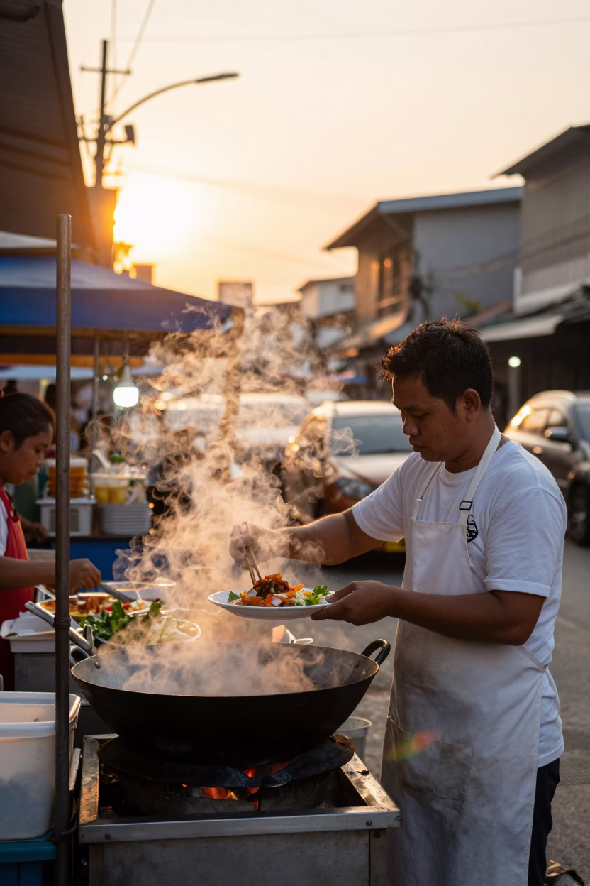 Food Vendor in Bangkok at Golden Hour in in Bangkok, Thailand