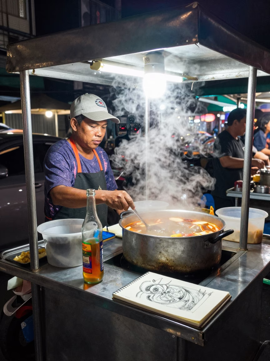 Food Vendor in Bangkok at Late At Night Light in in Bangkok, Thailand