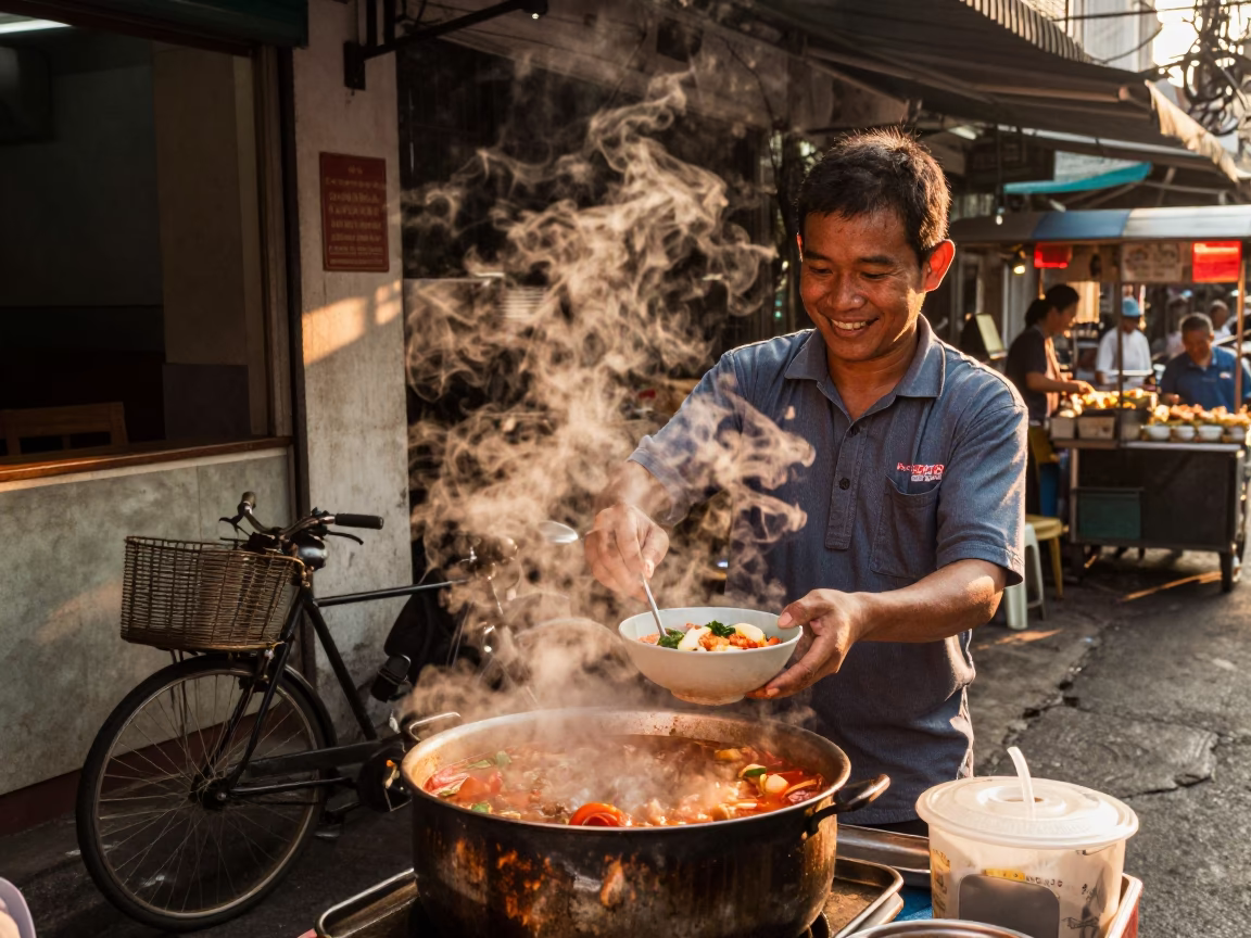 Food Vendor in Bangkok at Sunset Light in in Bangkok, Thailand