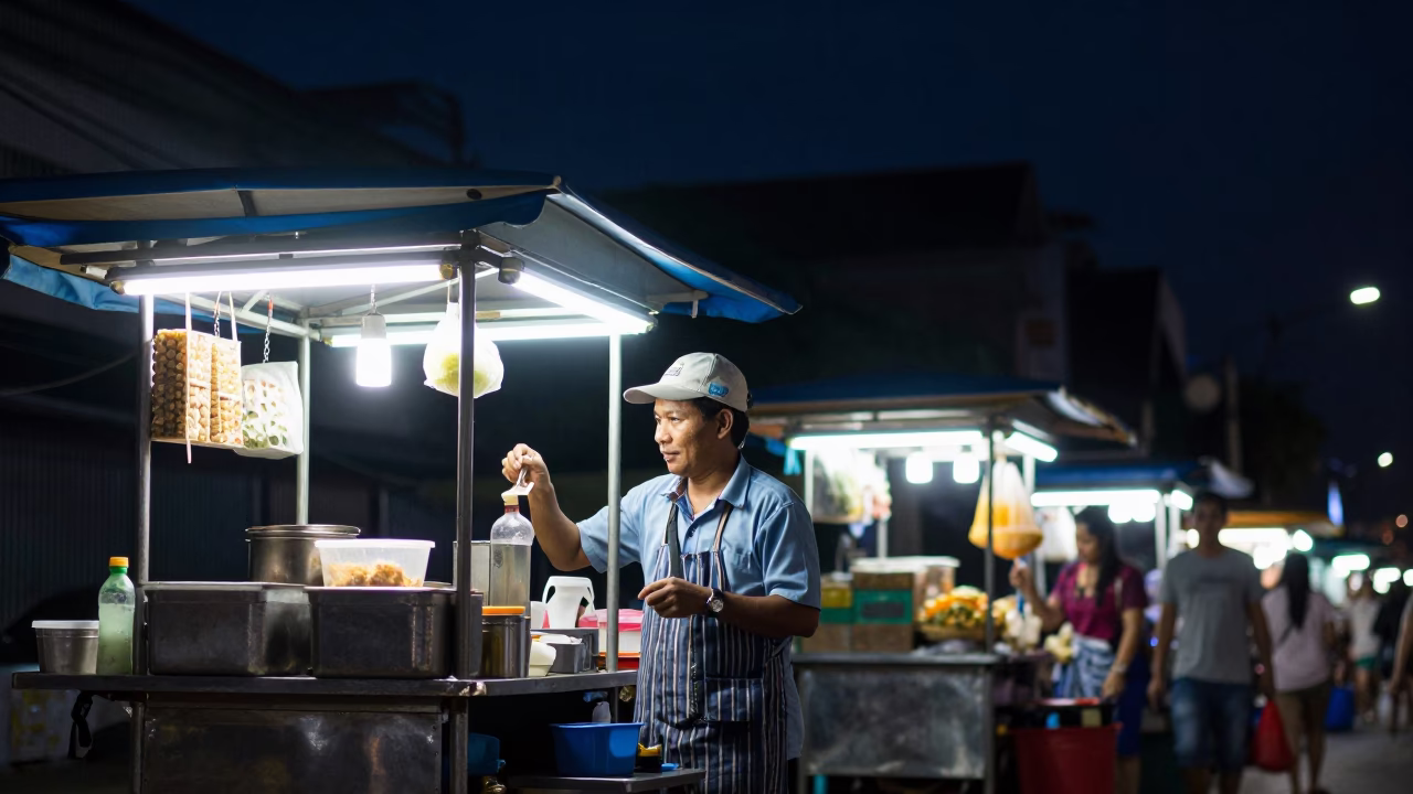 Food Vendor in Bangkok at The Deepest Night Sky Light in in Bangkok, Thailand