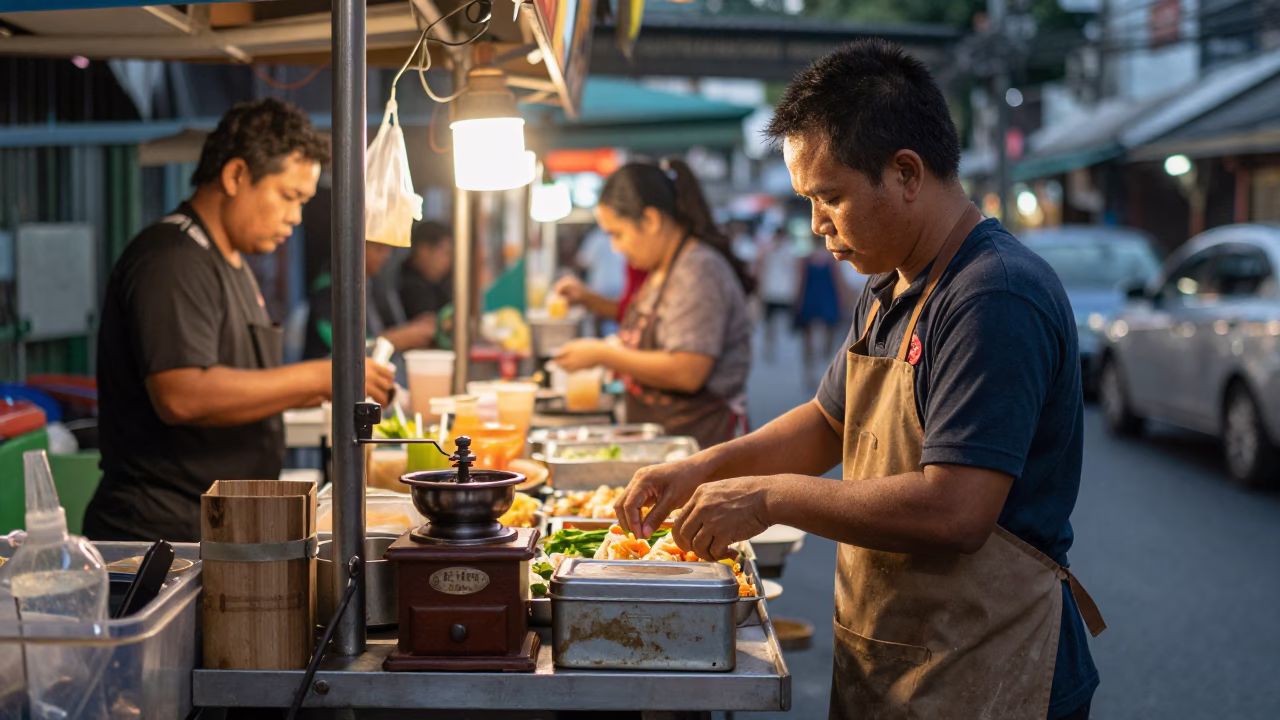 Food Vendor in Bangkok at The Early Evening Light in in Bangkok, Thailand