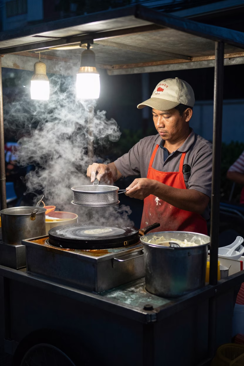 Food Vendor in Bangkok at The Predawn Darkness Light in in Bangkok, Thailand