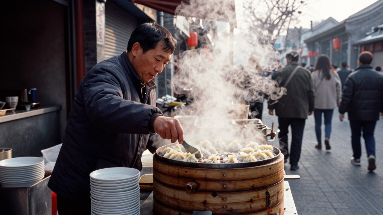 Food Vendor in Beijing at As First Light Reaches The Scene in in Beijing, China