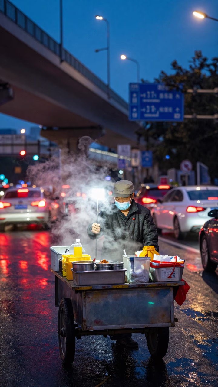 Food Vendor in Beijing at Deep In The Night Light in in Beijing, China