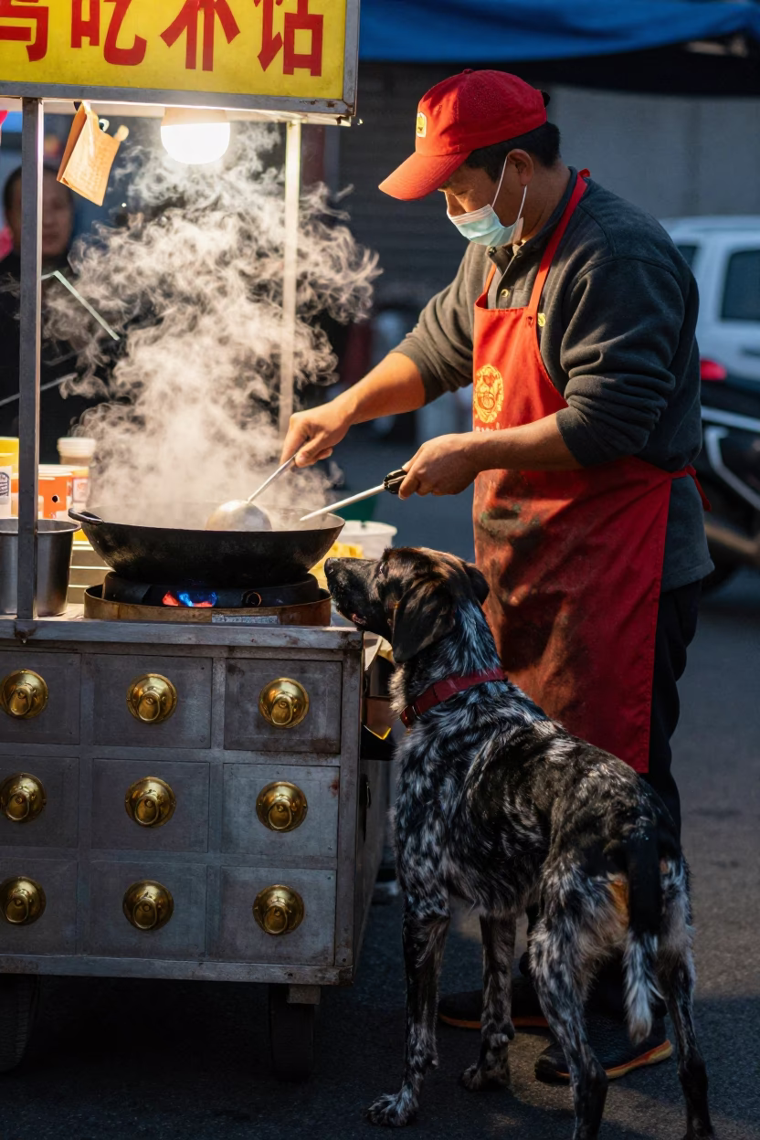 Food Vendor in Beijing at Midnight Light in in Beijing, China
