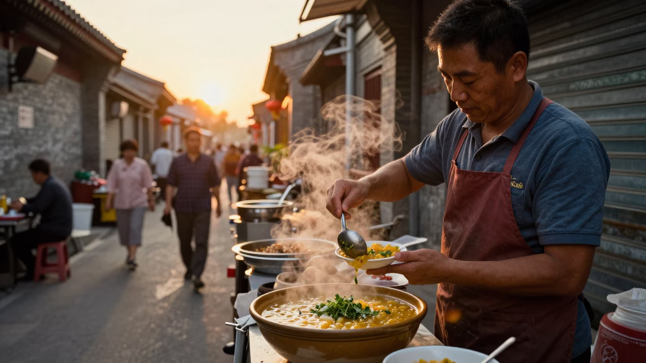 Food Vendor in Beijing at Sunset Light in in Beijing, China