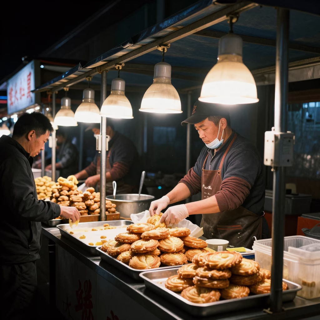 Food Vendor in Beijing at The Deepest Night Sky Light in in Beijing, China