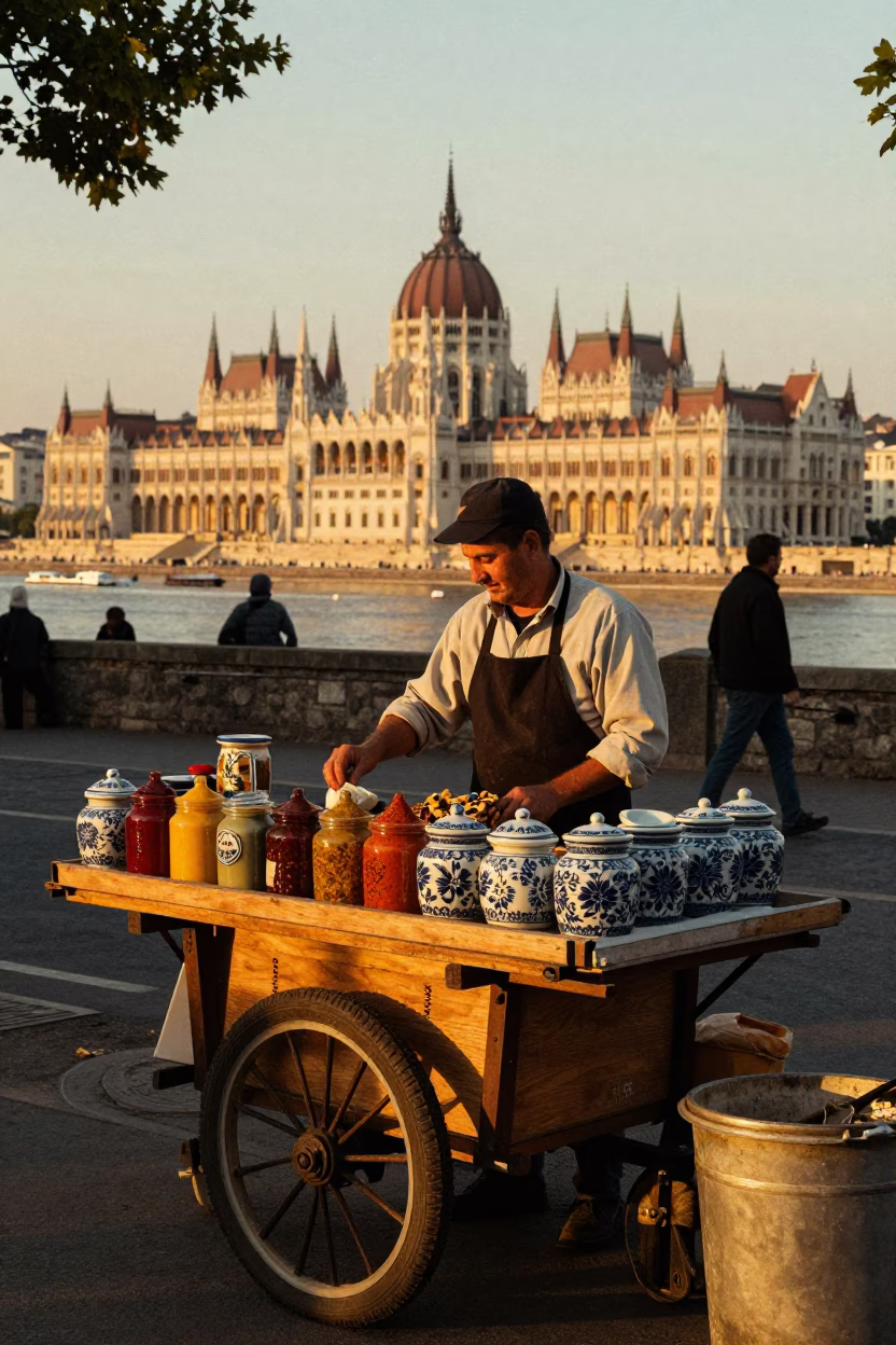 Food Vendor in Budapest at Sunset Light in in Budapest, Hungary