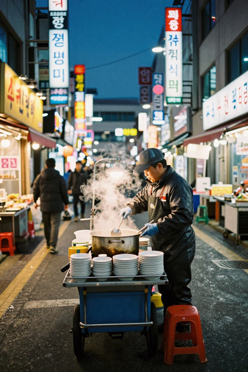 Food Vendor in Busan at Midnight Light in in Busan, South Korea