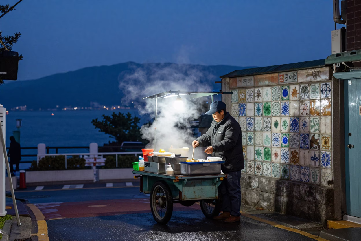 Food Vendor in Busan at The Still Hours Before Dawn Light in in Busan, South Korea