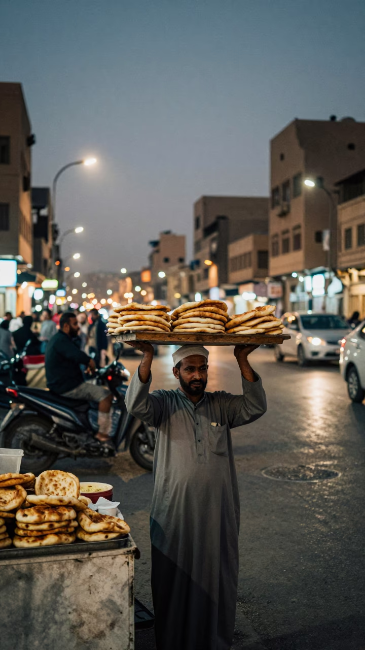 Food Vendor in Cairo at As City Lights Begin To Glow in in Cairo, Egypt
