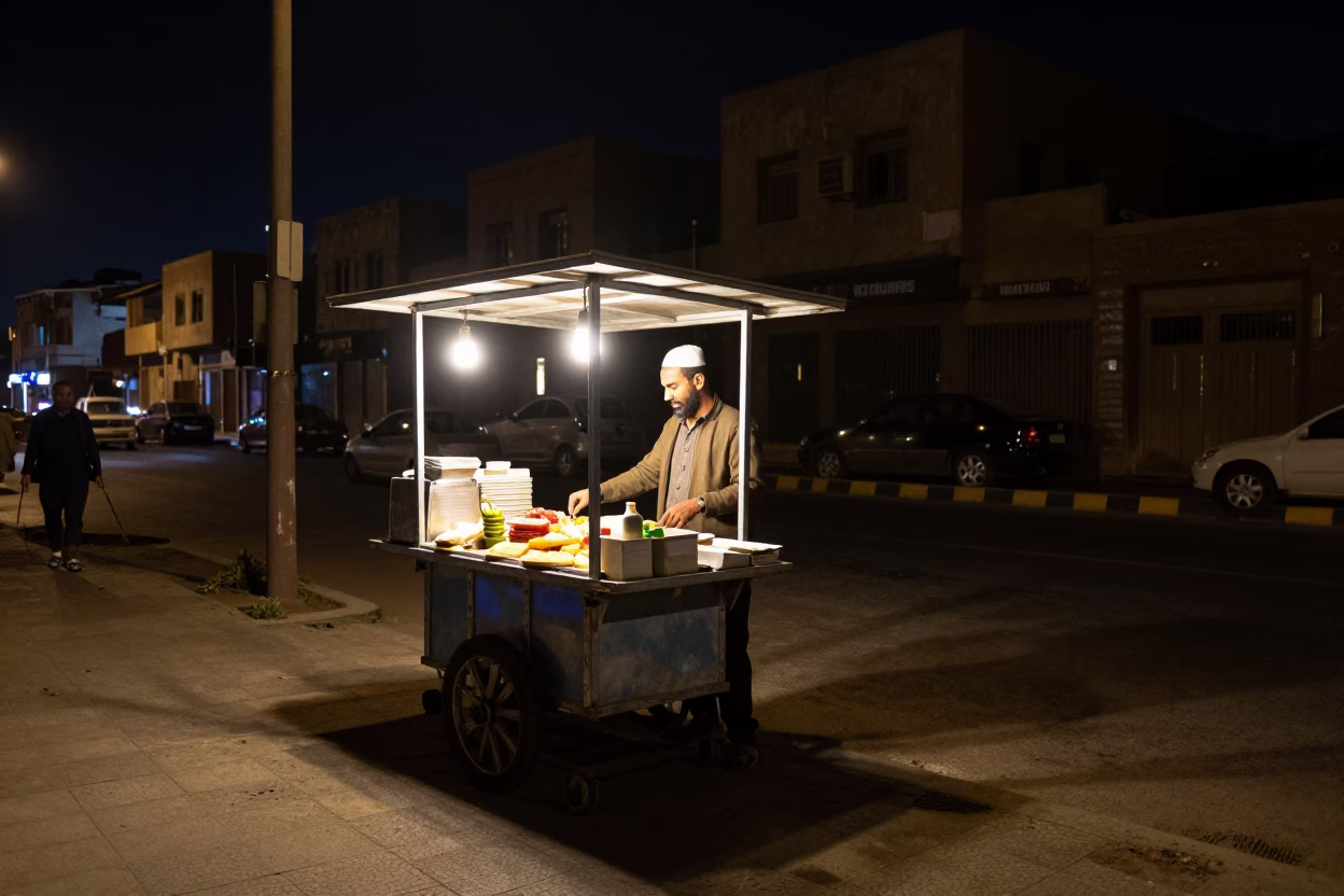 Food Vendor in Cairo at The Deepest Night Sky Light in in Cairo, Egypt