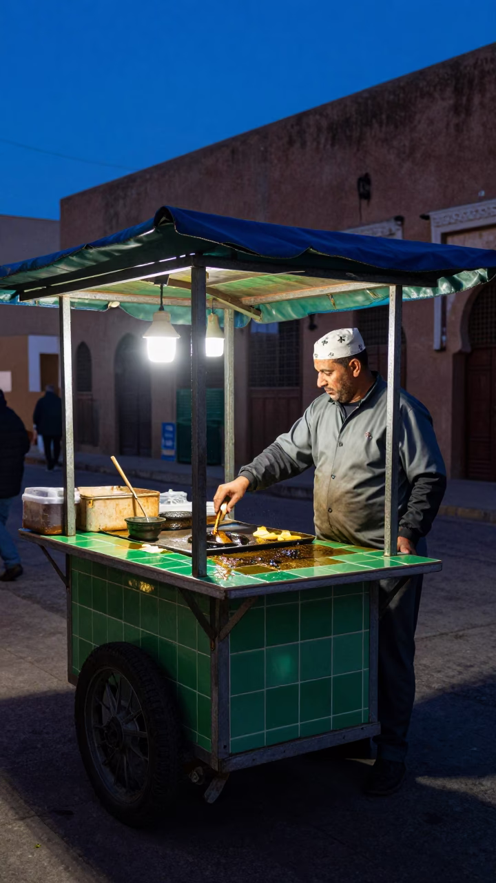 Food Vendor in Casablanca at The Predawn Darkness Light in in Casablanca, Morocco