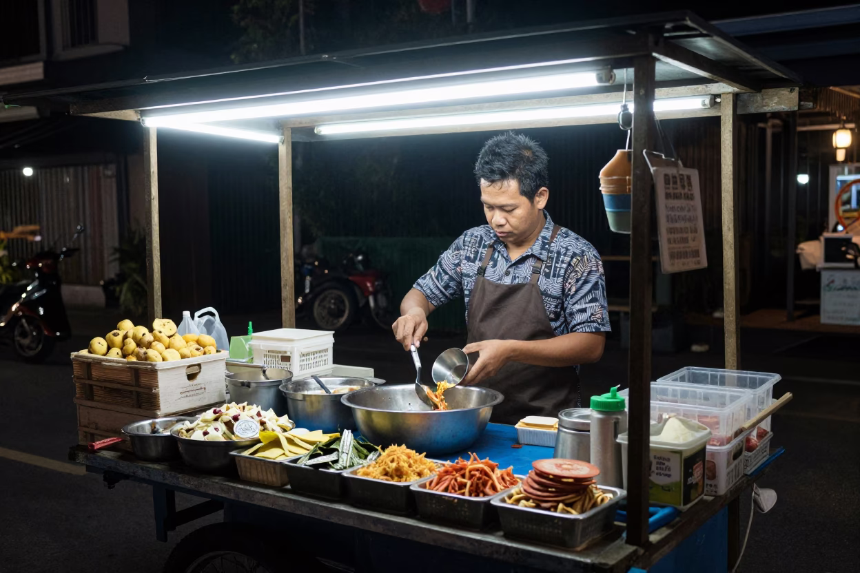 Food Vendor in Chiang Mai at Deep In The Night Light in in Chiang Mai, Thailand