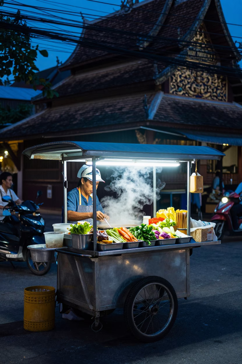 Food Vendor in Chiang Mai at The Last Blue Light Of Evening in in Chiang Mai, Thailand
