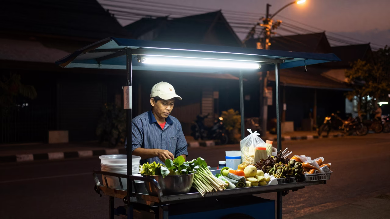 Food Vendor in Chiang Mai at The Predawn Darkness Light in in Chiang Mai, Thailand